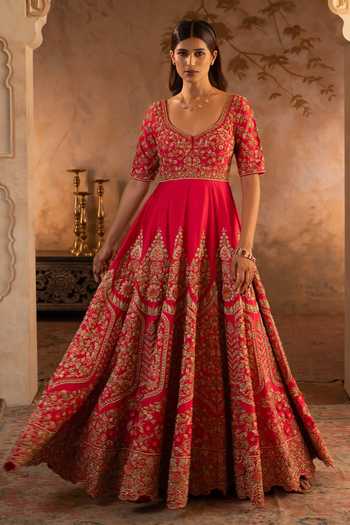 Buy_ANGAD SINGH_Red Silk, Net Scoop Neck Raw Anarkali With Dupatta 