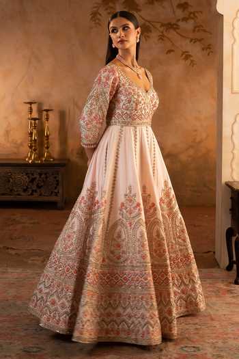 Shop ANGAD SINGH Pink Silk, Net V-neck Raw Anarkali With Dupatta Online at Aza Fashions Shop_ANGAD SINGH_Pink Silk, Net V-neck Raw Anarkali With Dupatta _Online_at_Aza_Fashions