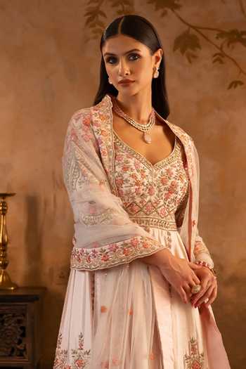 ANGAD SINGH Pink Silk, Net V-neck Raw Anarkali With Dupatta at Aza Fashions ANGAD SINGH_Pink Silk, Net V-neck Raw Anarkali With Dupatta _at_Aza_Fashions