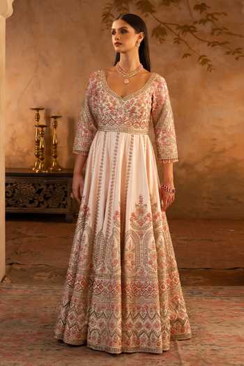 Buy ANGAD SINGH Pink Silk, Net V-neck Raw Anarkali With Dupatta Buy_ANGAD SINGH_Pink Silk, Net V-neck Raw Anarkali With Dupatta