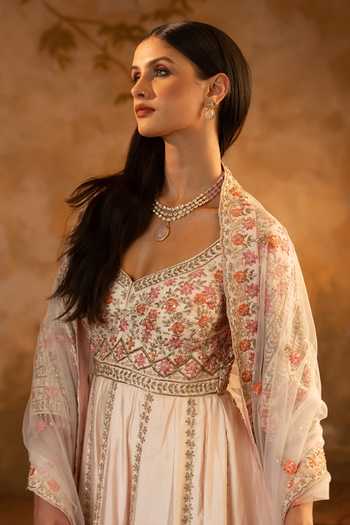 Shop ANGAD SINGH Pink Silk, Net V-neck Raw Anarkali With Dupatta Shop_ANGAD SINGH_Pink Silk, Net V-neck Raw Anarkali With Dupatta