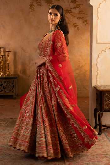 Buy ANGAD SINGH Red Silk, Net V-neck Raw Embroidered Anarkali With Dupatta Online at Aza Fashions Buy_ANGAD SINGH_Red Silk, Net V-neck Raw Embroidered Anarkali With Dupatta _Online_at_Aza_Fashions