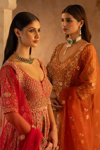 Shop ANGAD SINGH Red Silk, Net V-neck Raw Embroidered Anarkali With Dupatta Online at Aza Fashions Shop_ANGAD SINGH_Red Silk, Net V-neck Raw Embroidered Anarkali With Dupatta _Online_at_Aza_Fashions