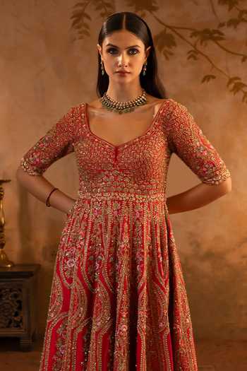 ANGAD SINGH Red Silk, Net V-neck Raw Embroidered Anarkali With Dupatta at Aza Fashions ANGAD SINGH_Red Silk, Net V-neck Raw Embroidered Anarkali With Dupatta _at_Aza_Fashions