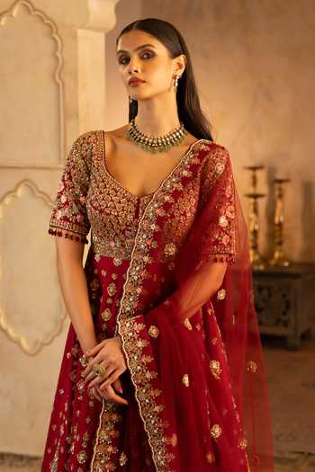 Buy_ANGAD SINGH_Maroon Silk, Net Scoop Neck Raw Anarkali With Dupatta _Online_at_Aza_Fashions