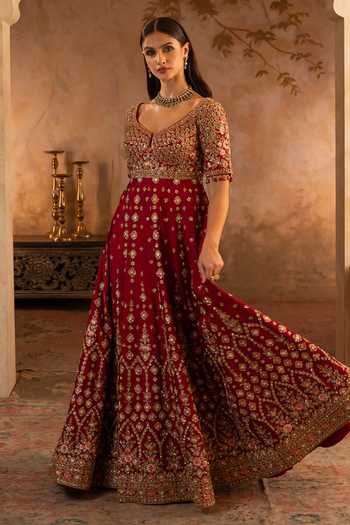 Shop_ANGAD SINGH_Maroon Silk, Net Scoop Neck Raw Anarkali With Dupatta _Online_at_Aza_Fashions