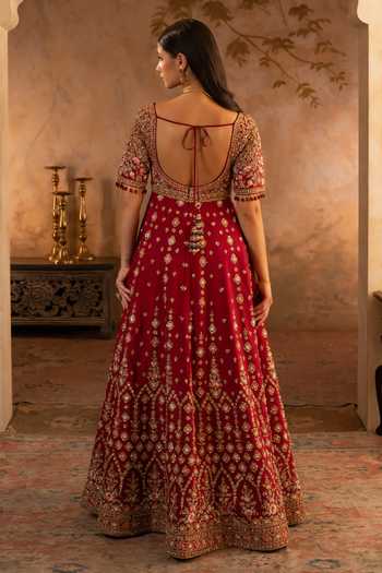 ANGAD SINGH Maroon Raw Silk Anarkali With Dupatta 