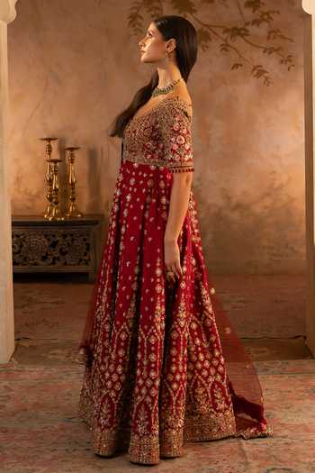 ANGAD SINGH_Maroon Silk, Net Scoop Neck Raw Anarkali With Dupatta _at_Aza_Fashions