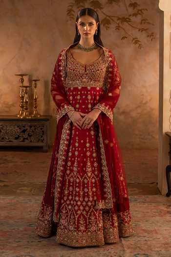 ANGAD SINGH Maroon Raw Silk Anarkali With Dupatta 