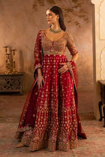 Buy_ANGAD SINGH_Maroon Silk, Net Scoop Neck Raw Anarkali With Dupatta 
