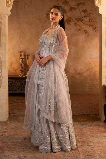 Shop ANGAD SINGH Grey Net Scoop Neck Embroidered Kurta Sharara Set Online at Aza Fashions Shop_ANGAD SINGH_Grey Net Scoop Neck Embroidered Kurta Sharara Set _Online_at_Aza_Fashions