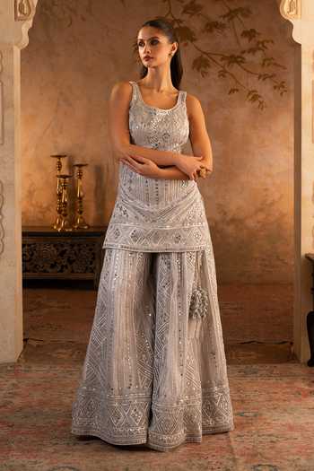 ANGAD SINGH Grey Net Scoop Neck Embroidered Kurta Sharara Set at Aza Fashions ANGAD SINGH_Grey Net Scoop Neck Embroidered Kurta Sharara Set _at_Aza_Fashions