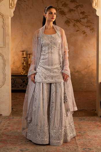 ANGAD SINGH Grey Embroidered Kurta Sharara Set
