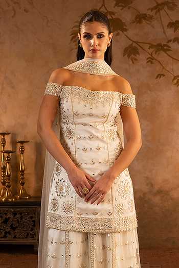 Buy ANGAD SINGH Ivory Net Off-shoulder, Yes Embroidered Kurta Sharara Set Online at Aza Fashions Buy_ANGAD SINGH_Ivory Net Off-shoulder, Yes Embroidered Kurta Sharara Set _Online_at_Aza_Fashions
