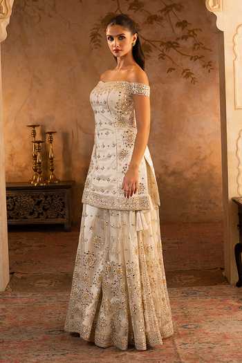 Buy ANGAD SINGH Ivory Net Off-shoulder, Yes Embroidered Kurta Sharara Set Buy_ANGAD SINGH_Ivory Net Off-shoulder, Yes Embroidered Kurta Sharara Set