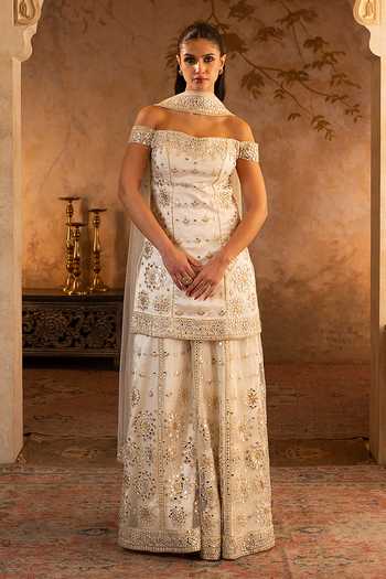 ANGAD SINGH Ivory Embroidered Kurta Sharara Set