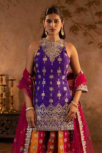 Buy ANGAD SINGH Purple Silk, Net Halter Neck Embroidered Kurta Sharara Set Online at Aza Fashions Buy_ANGAD SINGH_Purple Silk, Net Halter Neck Embroidered Kurta Sharara Set _Online_at_Aza_Fashions