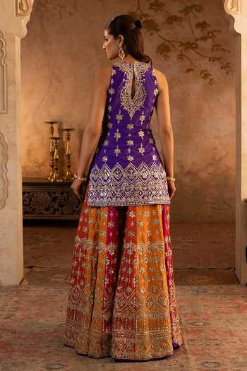 ANGAD SINGH Purple Silk, Net Halter Neck Embroidered Kurta Sharara Set Online at Aza Fashions ANGAD SINGH_Purple Silk, Net Halter Neck Embroidered Kurta Sharara Set _Online_at_Aza_Fashions
