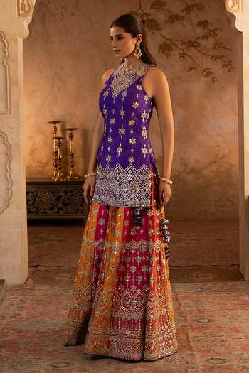 ANGAD SINGH Purple Silk, Net Halter Neck Embroidered Kurta Sharara Set at Aza Fashions ANGAD SINGH_Purple Silk, Net Halter Neck Embroidered Kurta Sharara Set _at_Aza_Fashions