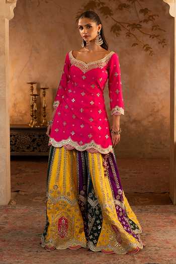 ANGAD SINGH Pink Silk, Net Leaf Neck Embroidered Kurta Set at Aza Fashions ANGAD SINGH_Pink Silk, Net Leaf Neck Embroidered Kurta Set _at_Aza_Fashions
