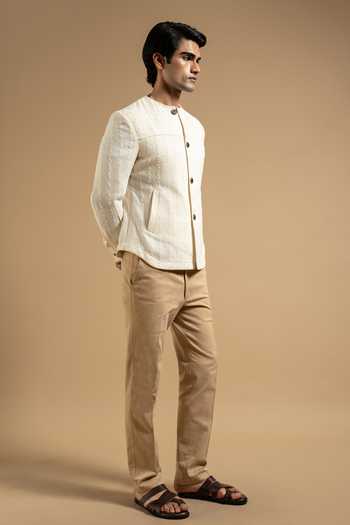 Gargee Designers_Ivory Cotton Textured Bandhgala Style Shacket _at_Aza_Fashions
