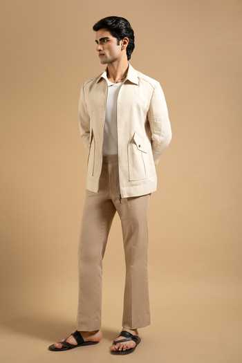 Shop Gargee Designers Beige Cotton Sand Blend Zip Front Utility Jacket Online at Aza Fashions Shop_Gargee Designers_Beige Cotton Sand Blend Zip Front Utility Jacket _Online_at_Aza_Fashions
