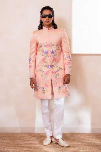 Tira by Naresh Raj_Peach Cotton Satin Botanical Floral Embroidered Sherwani With Pant _Online_at_Aza_Fashions
