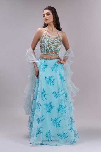 Khwaab By Sanjana Lakhani_Blue Chiffon Halter Neck Floral Print Lehenga Set _Online_at_Aza_Fashions