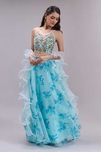 Buy_Khwaab By Sanjana Lakhani_Blue Chiffon Halter Neck Floral Print Lehenga Set _Online_at_Aza_Fashions