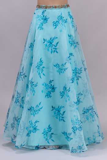 Shop_Khwaab By Sanjana Lakhani_Blue Chiffon Halter Neck Floral Print Lehenga Set _Online_at_Aza_Fashions