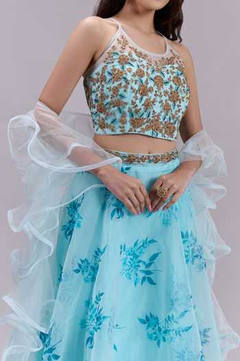 Khwaab By Sanjana Lakhani_Blue Chiffon Halter Neck Floral Print Lehenga Set _at_Aza_Fashions