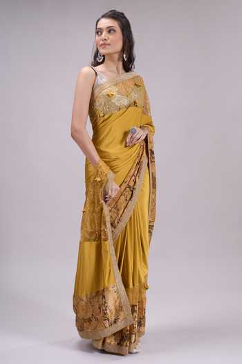 Buy Khwaab By Sanjana Lakhani Yellow Silk Placement Print Saree With Running Blouse Online at Aza Fashions Buy_Khwaab By Sanjana Lakhani_Yellow Silk Placement Print Saree With Running Blouse _Online_at_Aza_Fashions