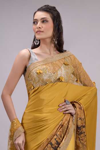 Shop Khwaab By Sanjana Lakhani Yellow Silk Placement Print Saree With Running Blouse Online at Aza Fashions Shop_Khwaab By Sanjana Lakhani_Yellow Silk Placement Print Saree With Running Blouse _Online_at_Aza_Fashions