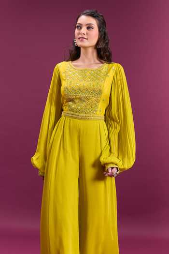 Khwaab By Sanjana Lakhani_Green Chiffon Round Neck Sequin Embroidered Jumpsuit _Online_at_Aza_Fashions