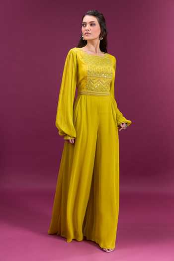 Buy_Khwaab By Sanjana Lakhani_Green Chiffon Round Neck Sequin Embroidered Jumpsuit _Online_at_Aza_Fashions