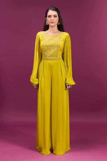 Shop_Khwaab By Sanjana Lakhani_Green Chiffon Round Neck Sequin Embroidered Jumpsuit _Online_at_Aza_Fashions