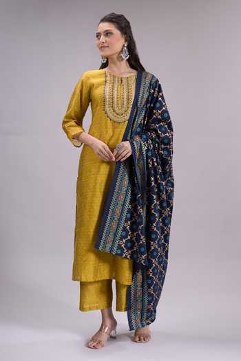 Buy_Khwaab By Sanjana Lakhani_Yellow Silk Keyhole Neck Placement Embroidered Kurta Set _Online_at_Aza_Fashions