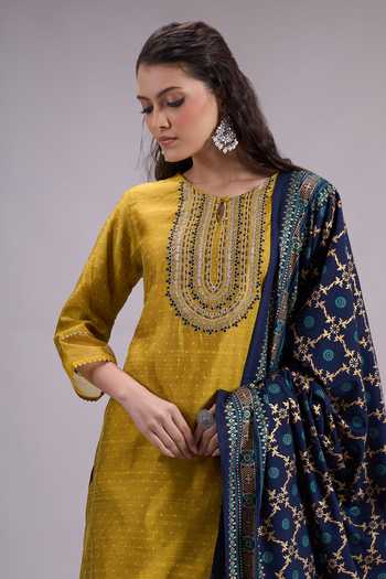 Shop_Khwaab By Sanjana Lakhani_Yellow Silk Keyhole Neck Placement Embroidered Kurta Set _Online_at_Aza_Fashions