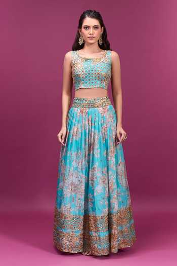 Khwaab By Sanjana Lakhani_Sky Blue Chiffon Round Neck Floral Print Lehenga Set _Online_at_Aza_Fashions