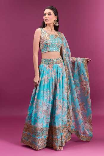 Buy_Khwaab By Sanjana Lakhani_Sky Blue Chiffon Round Neck Floral Print Lehenga Set _Online_at_Aza_Fashions