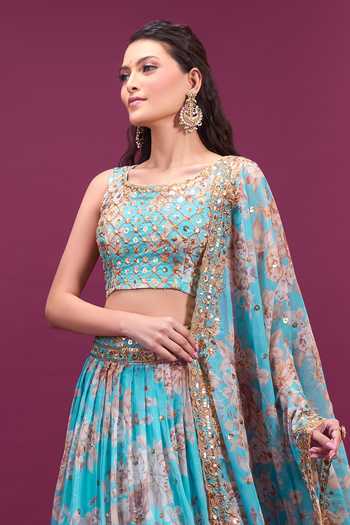 Shop_Khwaab By Sanjana Lakhani_Sky Blue Chiffon Round Neck Floral Print Lehenga Set _Online_at_Aza_Fashions