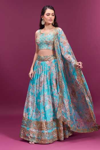 Khwaab By Sanjana Lakhani_Sky Blue Chiffon Round Neck Floral Print Lehenga Set _at_Aza_Fashions