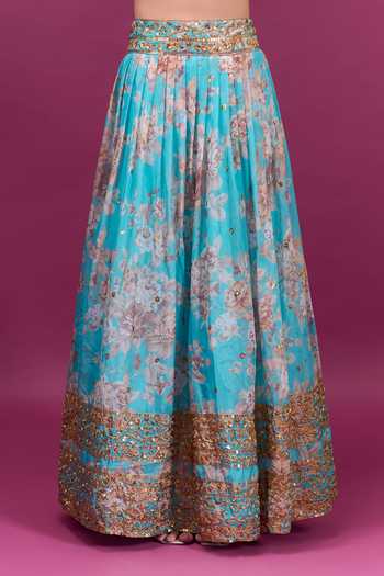 Buy_Khwaab By Sanjana Lakhani_Sky Blue Chiffon Round Neck Floral Print Lehenga Set 