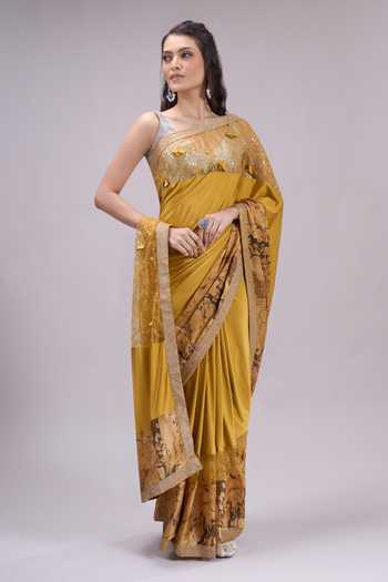 Khwaab By Sanjana Lakhani Yellow Silk Placement Print Saree With Running Blouse at Aza Fashions Khwaab By Sanjana Lakhani_Yellow Silk Placement Print Saree With Running Blouse _at_Aza_Fashions