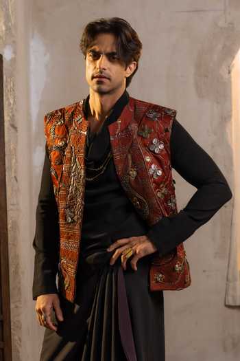 Shop Jatin Malik Orange Leather Sun Dune Embroidered Jacket Online at Aza Fashions Shop_Jatin Malik_Orange Leather Sun Dune Embroidered Jacket _Online_at_Aza_Fashions