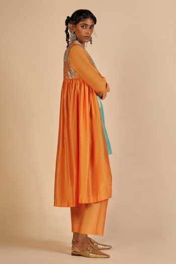 Gulabo By Abu Sandeep_Orange Chanderi Embroidered Flared Coat _Online_at_Aza_Fashions