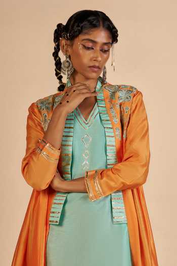 Buy_Gulabo By Abu Sandeep_Orange Chanderi Embroidered Flared Coat _Online_at_Aza_Fashions