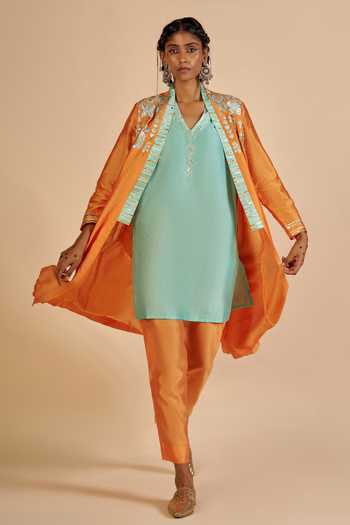 Shop_Gulabo By Abu Sandeep_Orange Chanderi Embroidered Flared Coat _Online_at_Aza_Fashions