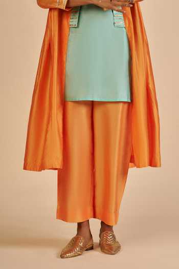 Gulabo By Abu Sandeep_Orange Chanderi Embroidered Flared Coat _at_Aza_Fashions