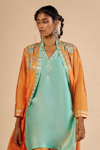 Buy_Gulabo By Abu Sandeep_Orange Chanderi Embroidered Flared Coat 